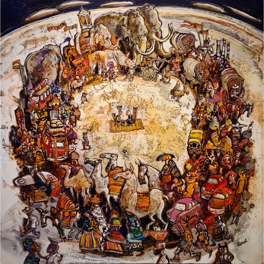 Peinture de Christophe Ronel Le cercle mascarade ou le sens du monde à l'acrylique sur toile
