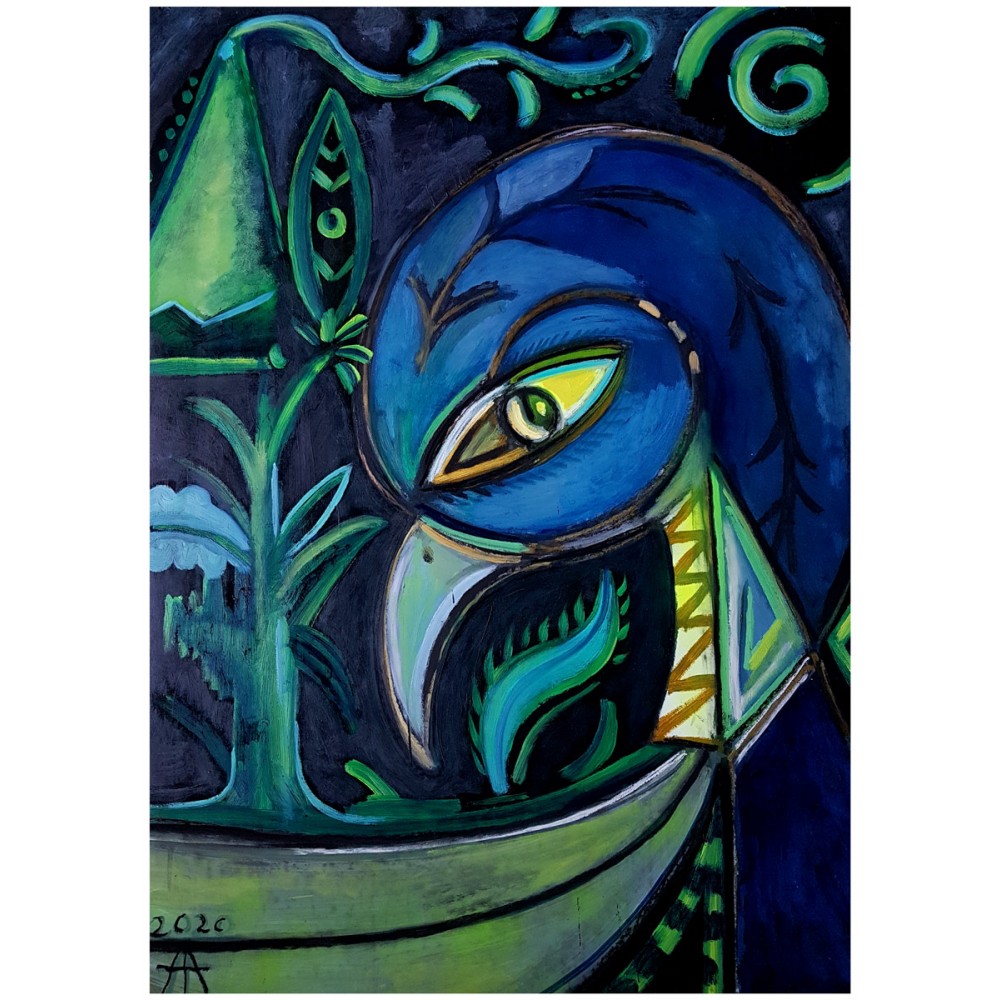 Peinture de Timothy Archer Le Mystérieux Faisan Bleu, technique mixte sur papier