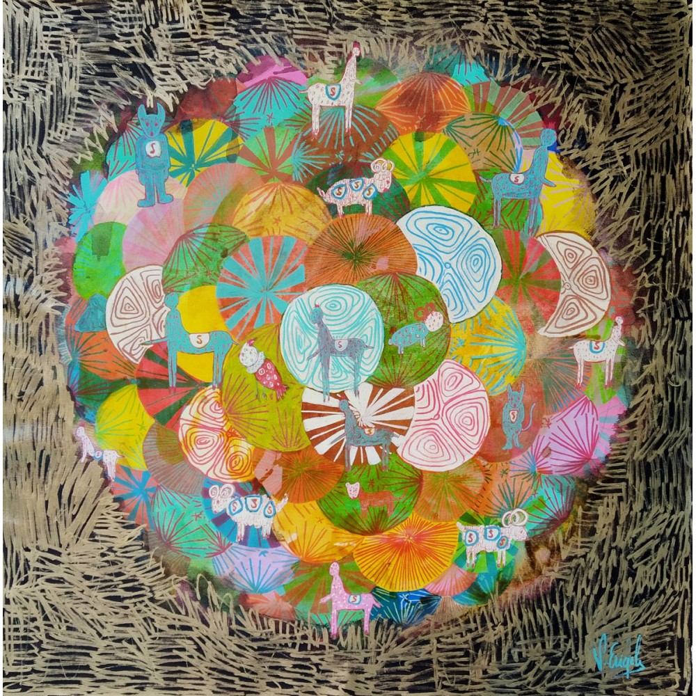 Peinture de Véronique Engels Le voyage en forêt, technique mixte sur toile