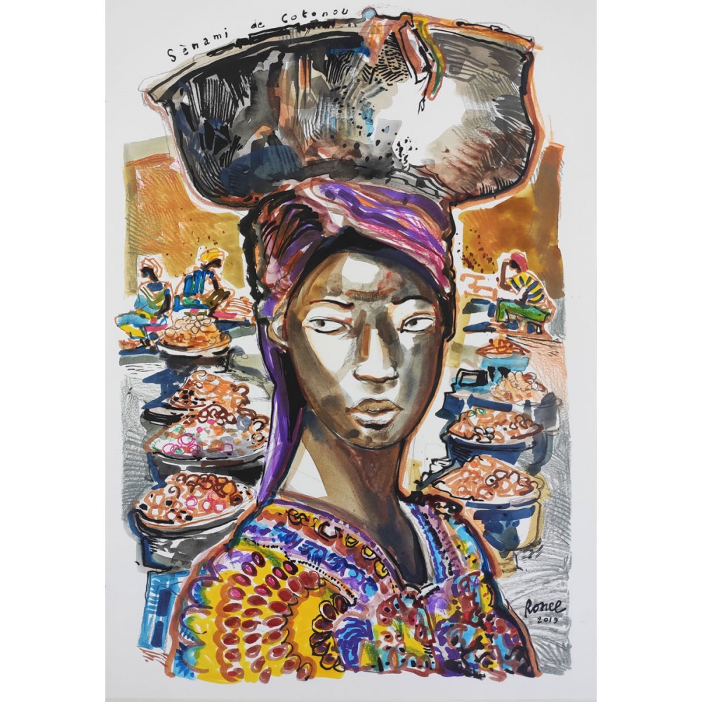Dessin de Christophe Ronel Sènami de Cotonou, Technique mixte sur papier