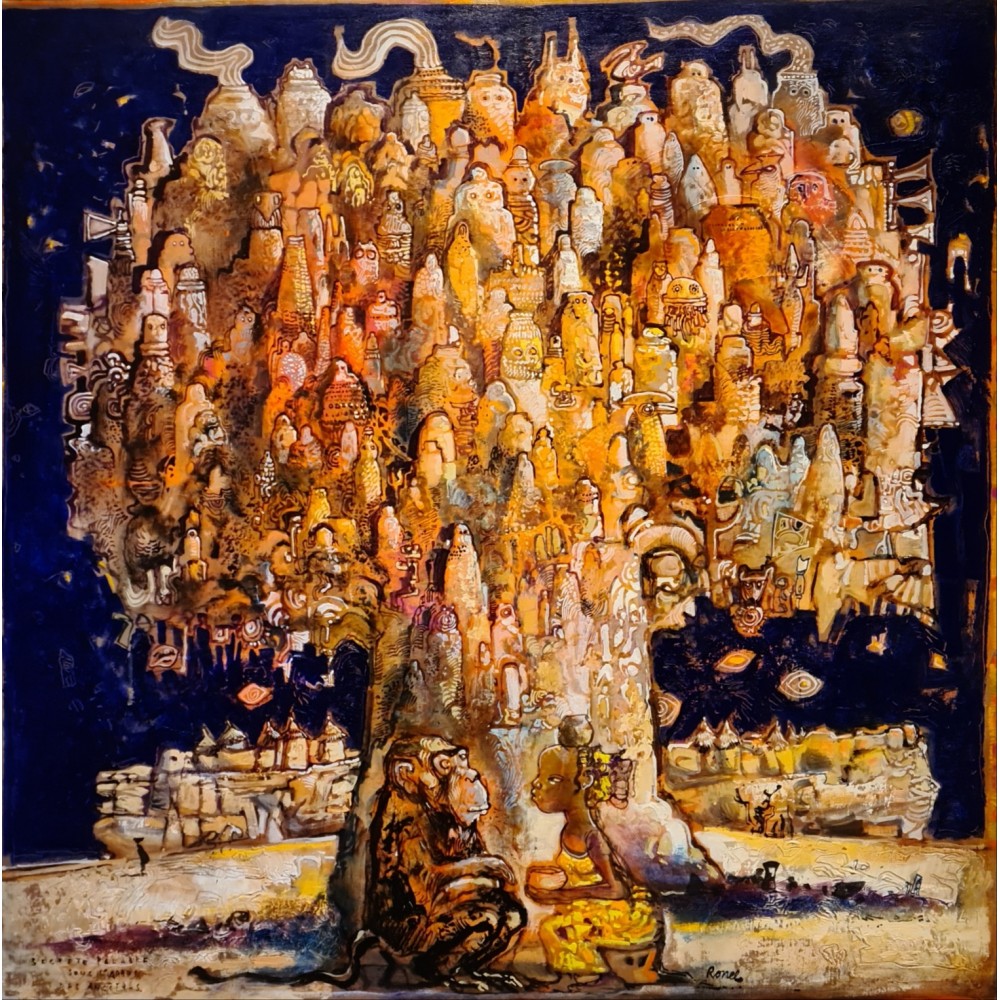 Peinture de Christophe Ronel Secrète palabre sous l'arbre des ancêtres à l'acrylique sur toile